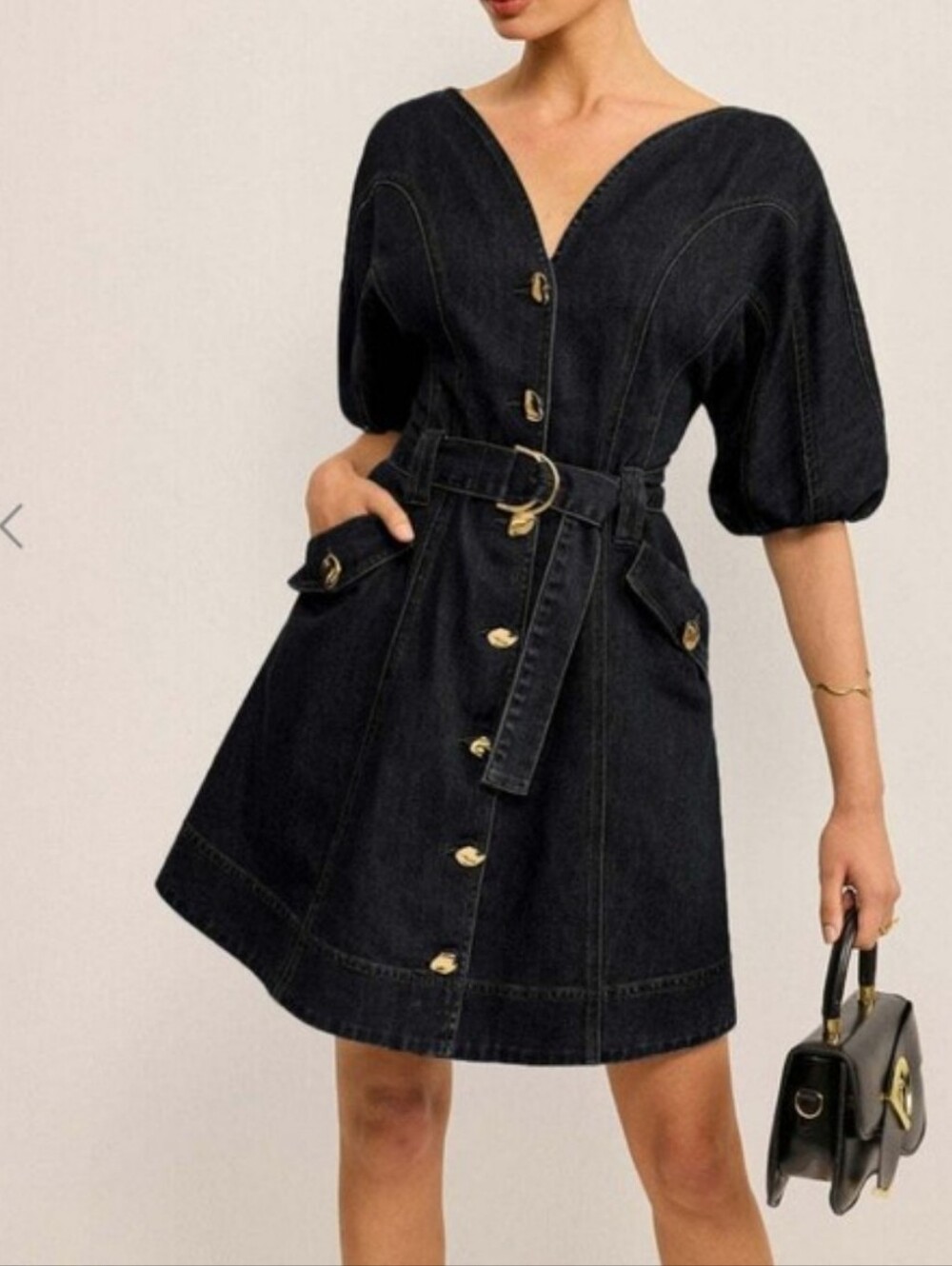 Commense Black Denim Belted V-Neck Dress